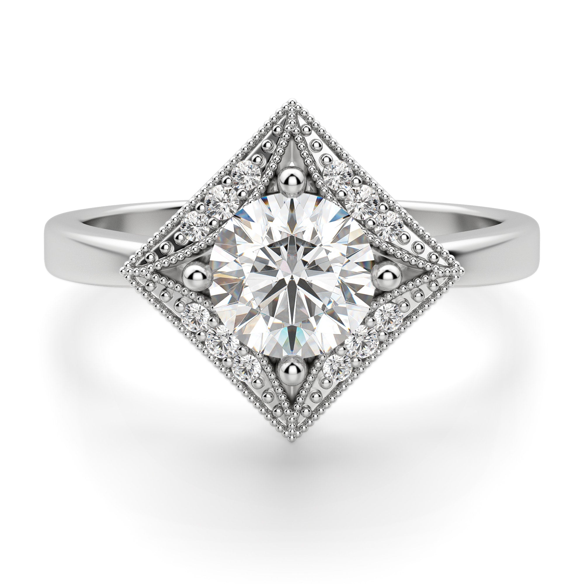 Princess Frame Round Cut Halo Moissanite Engagement Ring