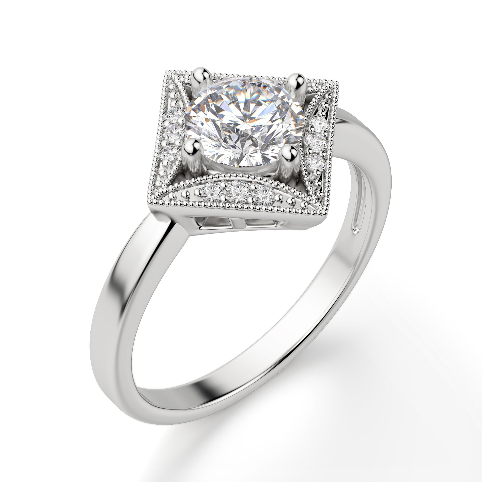 Princess Frame Round Cut Halo Moissanite Engagement Ring