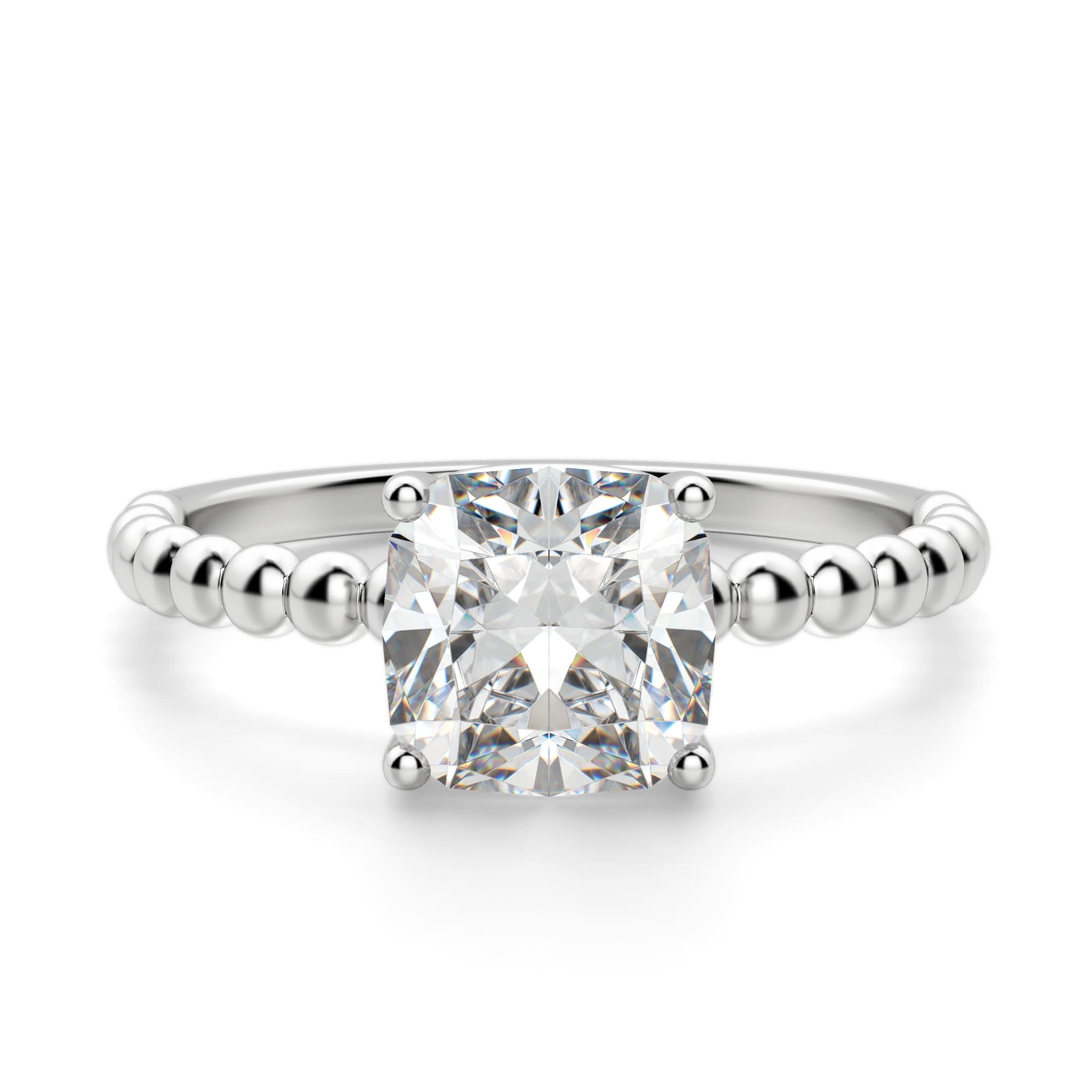 Beaded Band Cushion Cut Solitaire Engagement Ring