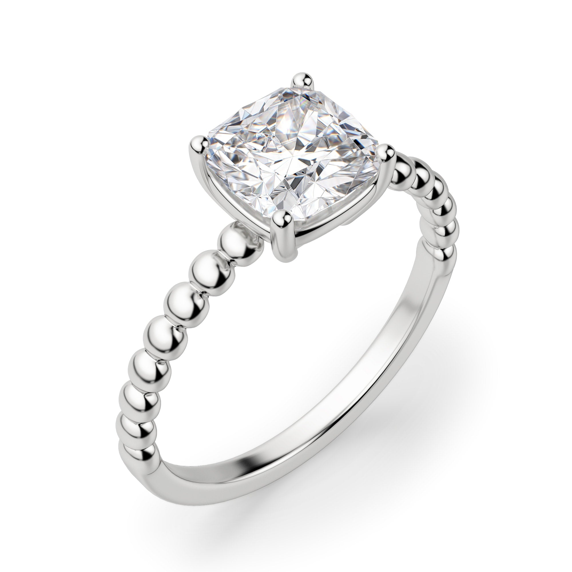 Beaded Band Cushion Cut Solitaire Engagement Ring