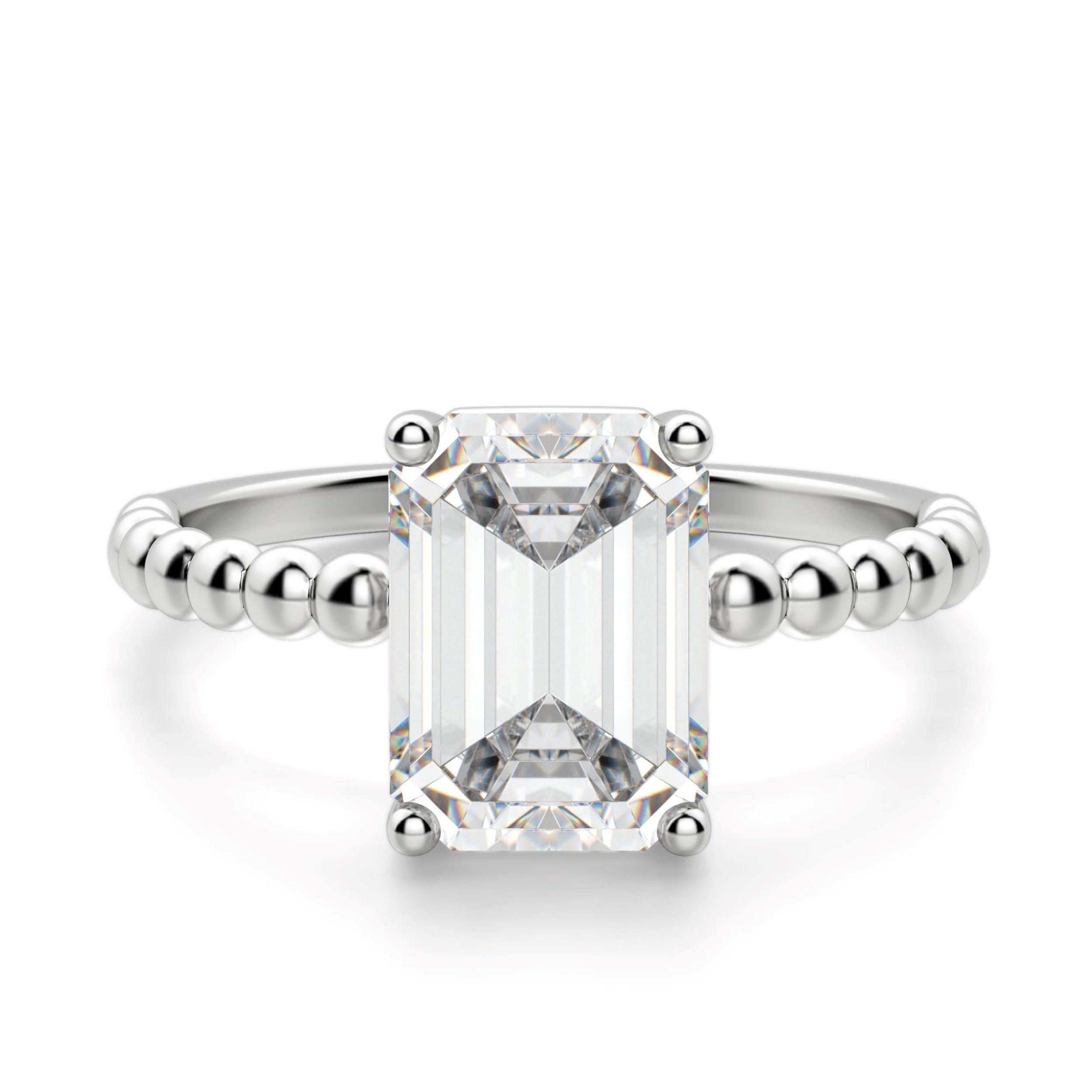 Solitaire Beaded Ring, Emerald Cut 14K Gold Ring