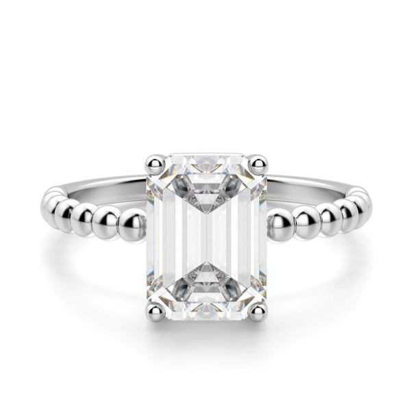 Solitaire Beaded Ring, Emerald Cut 14K Gold Ring