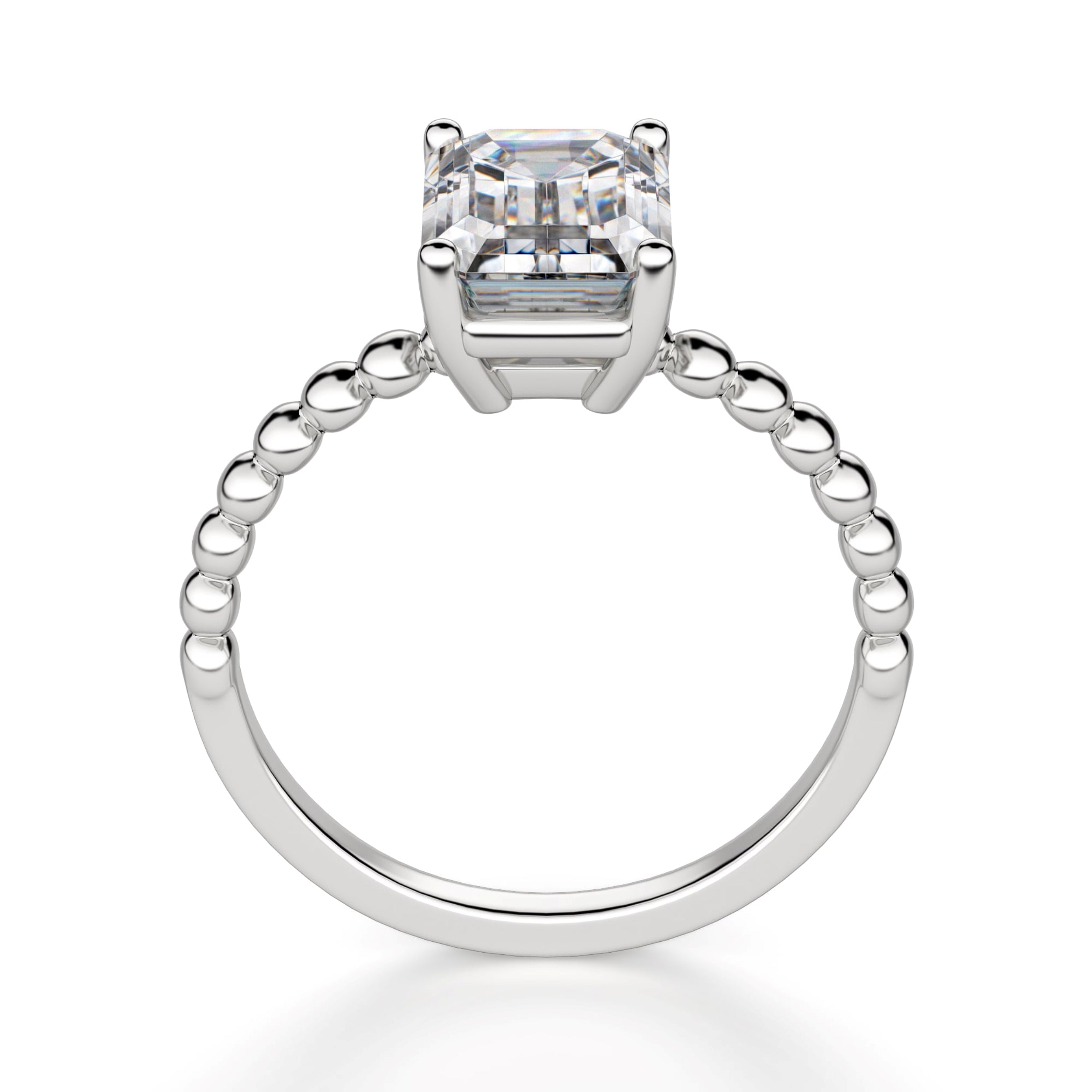 Solitaire Beaded Ring, Emerald Cut 14K Gold Ring