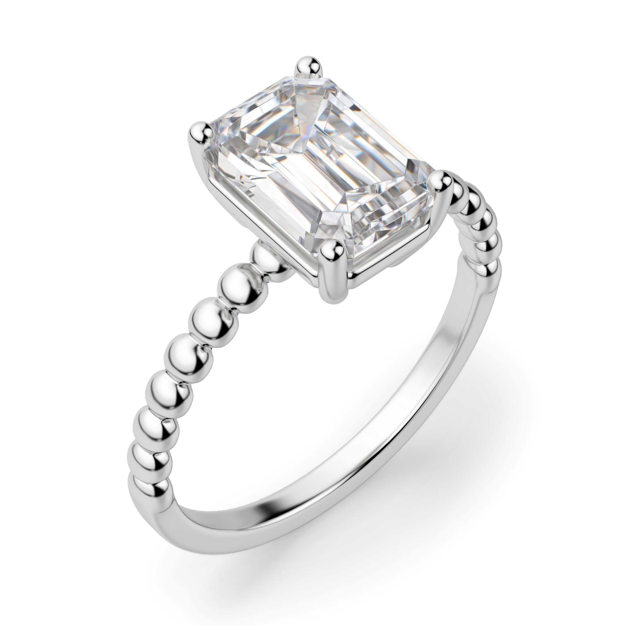 Solitaire Beaded Ring, Emerald Cut 14K Gold Ring