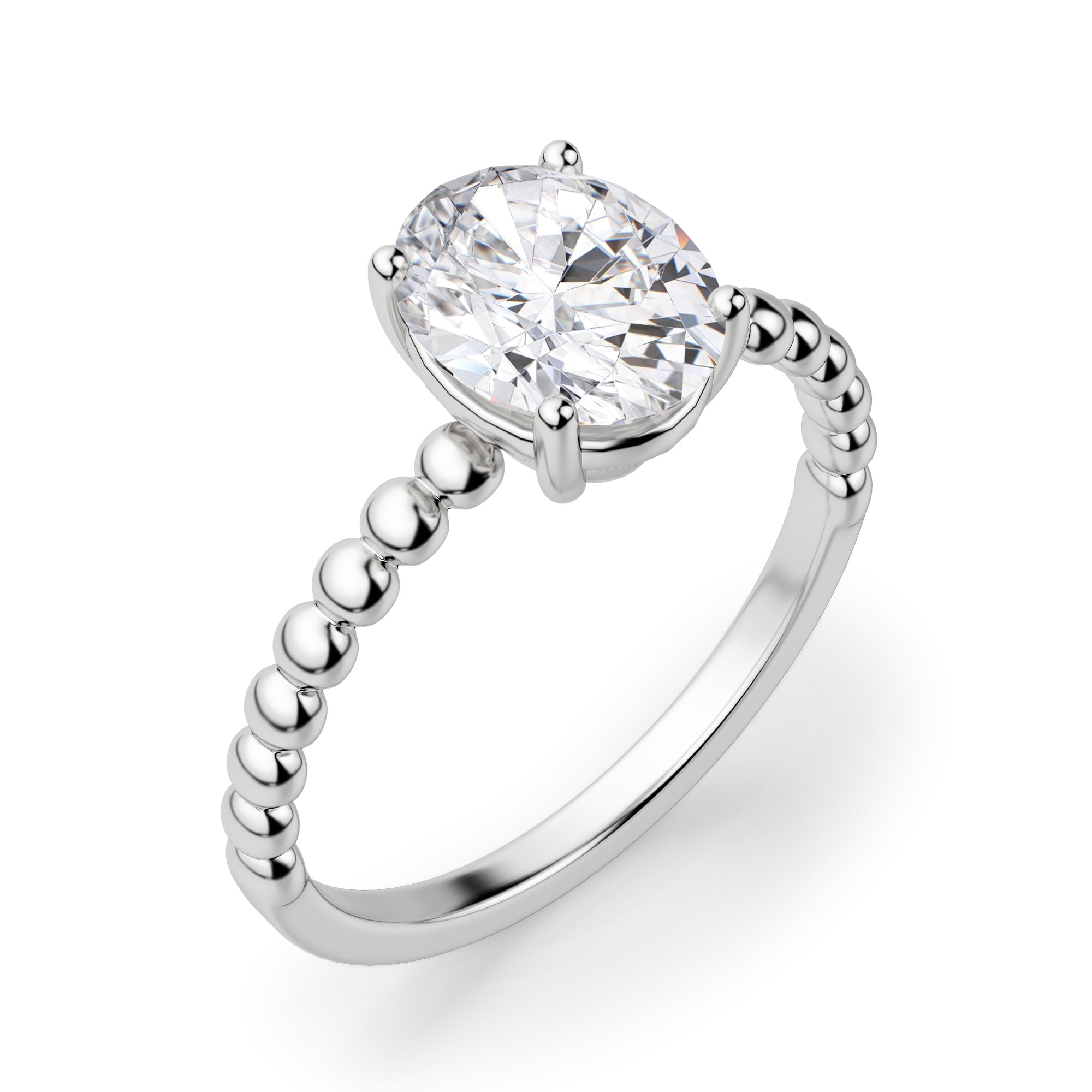 Oval Cut Beaded Solitaire Engagement Ring