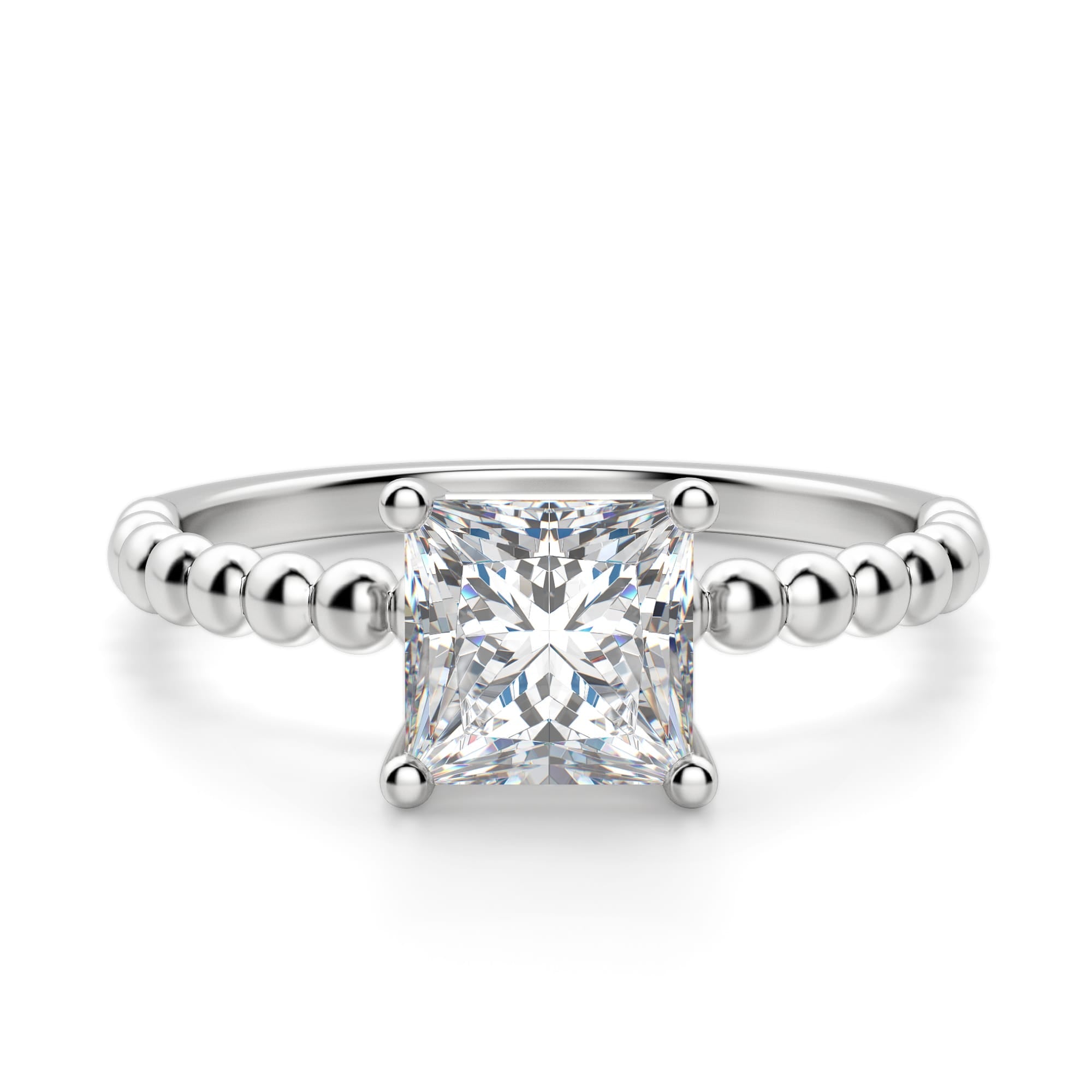 Princess Cut Beaded Solitaire Moissanite Engagement Ring