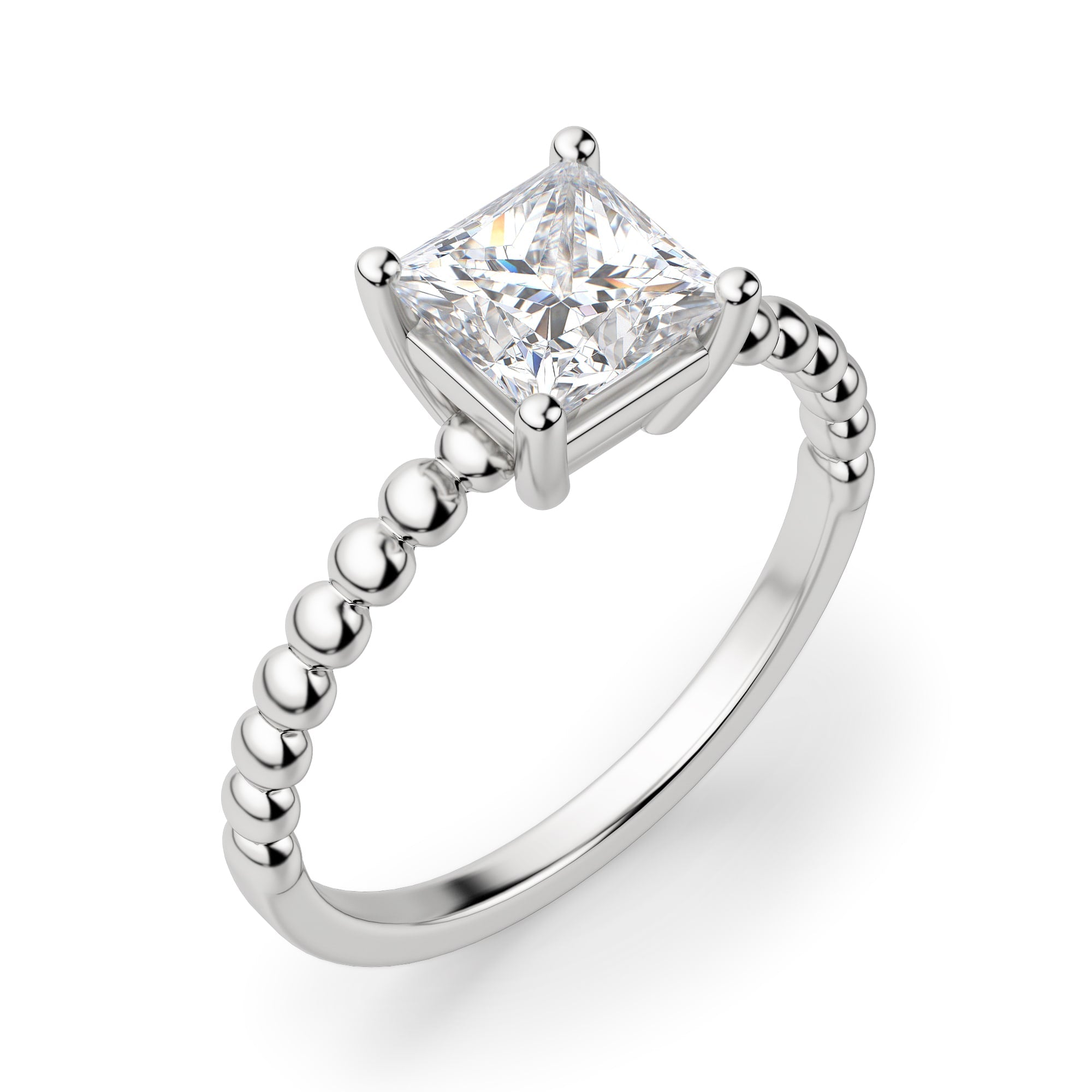 Princess Cut Beaded Solitaire Moissanite Engagement Ring