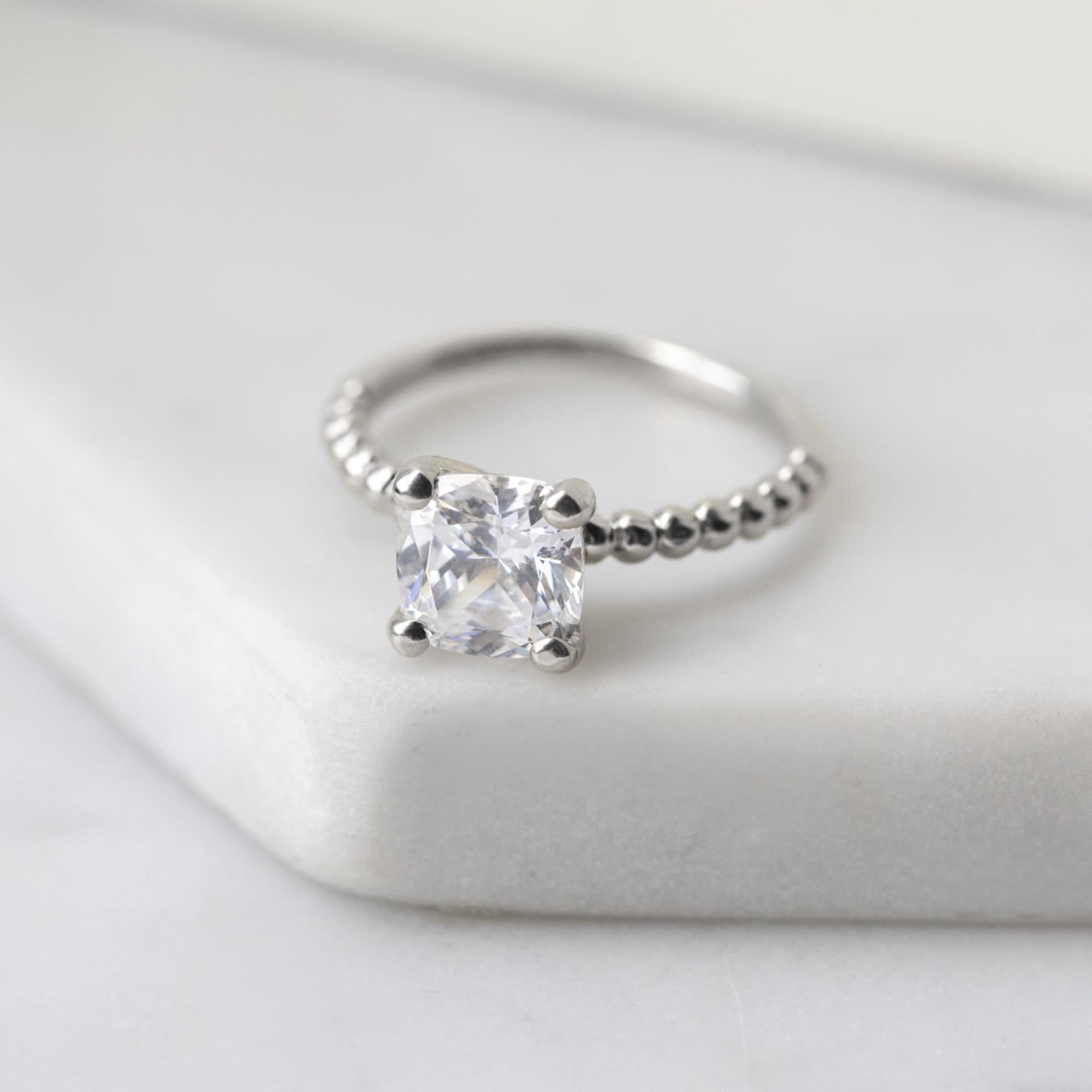 Beaded Band Cushion Cut Solitaire Engagement Ring