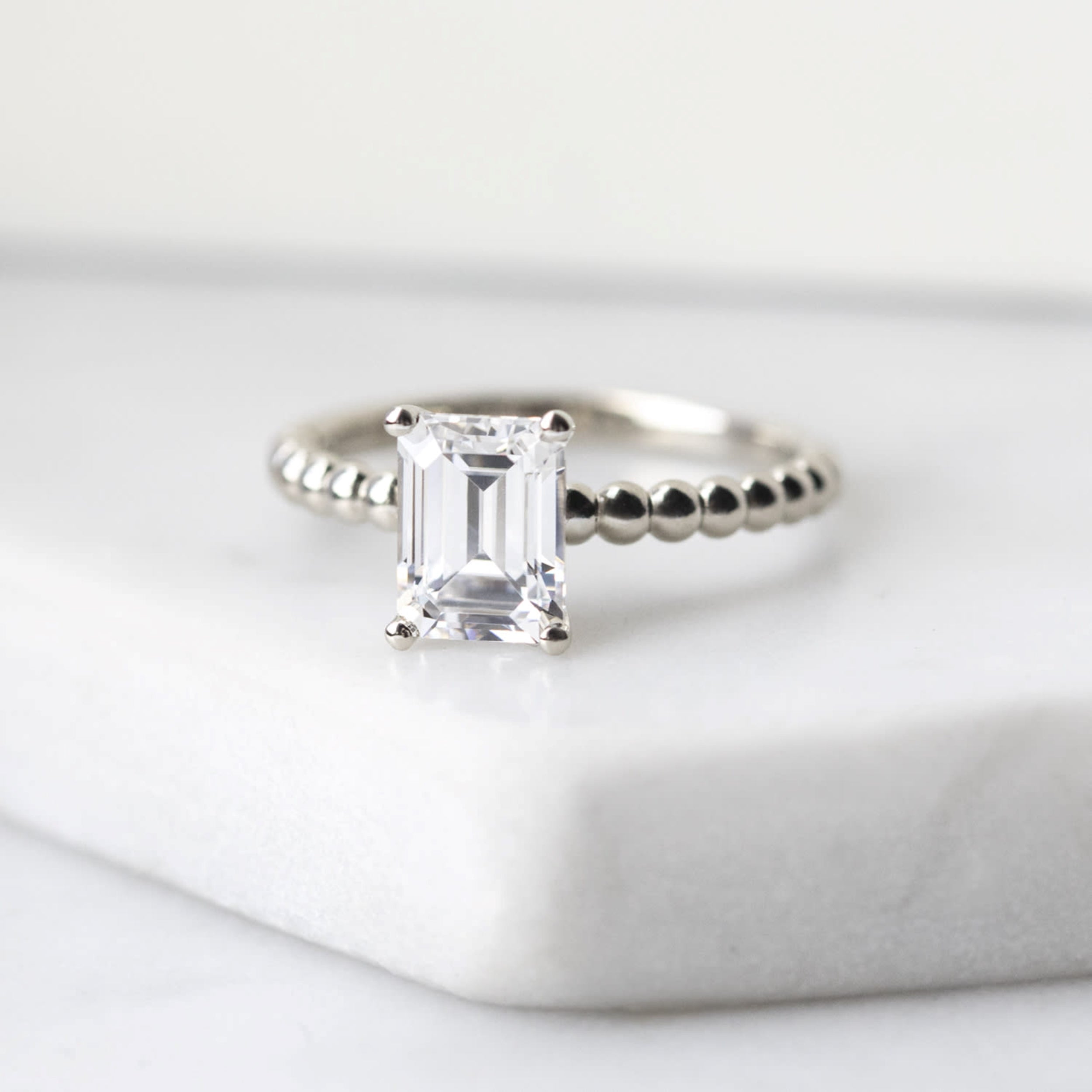 Solitaire Beaded Ring, Emerald Cut 14K Gold Ring