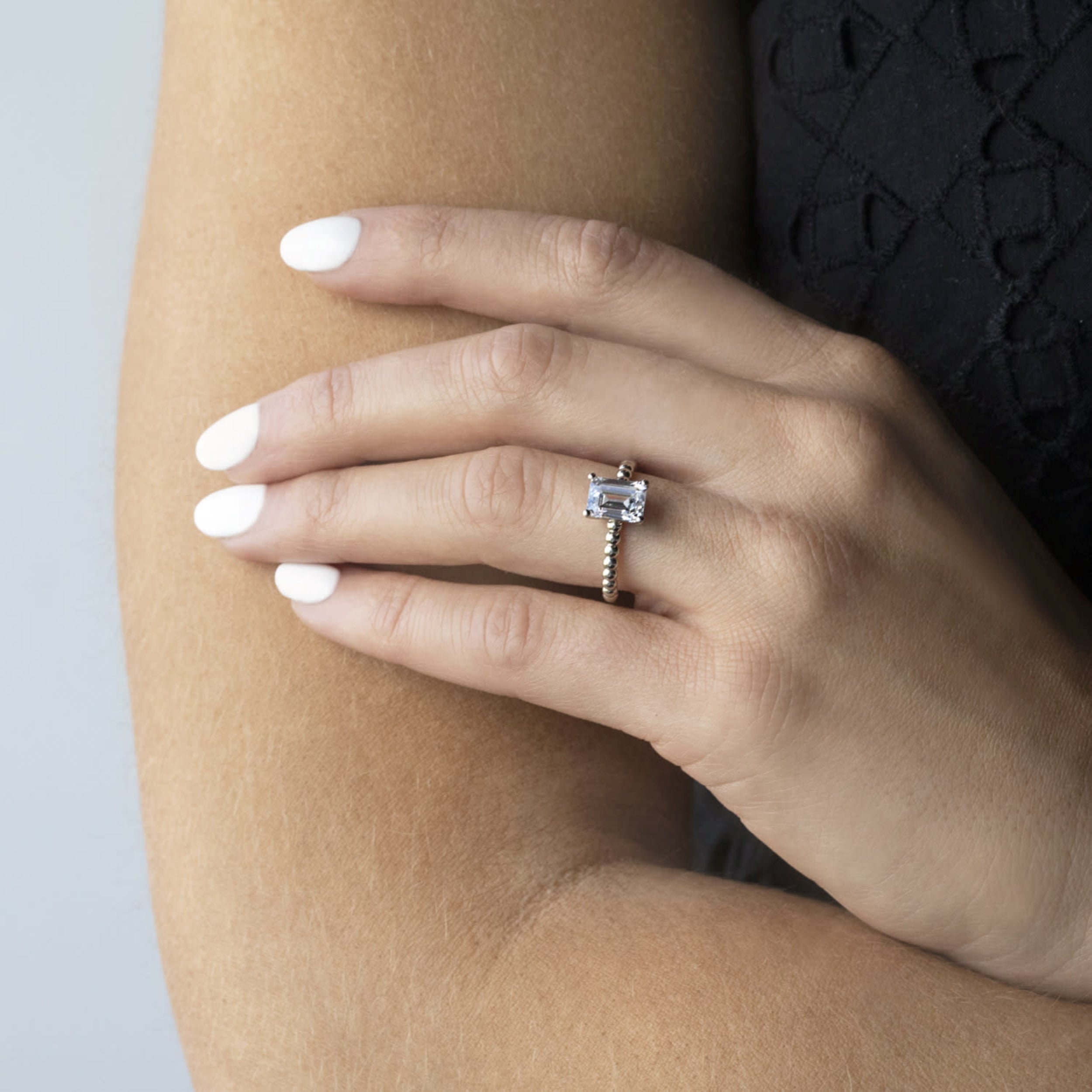 Solitaire Beaded Ring, Emerald Cut 14K Gold Ring