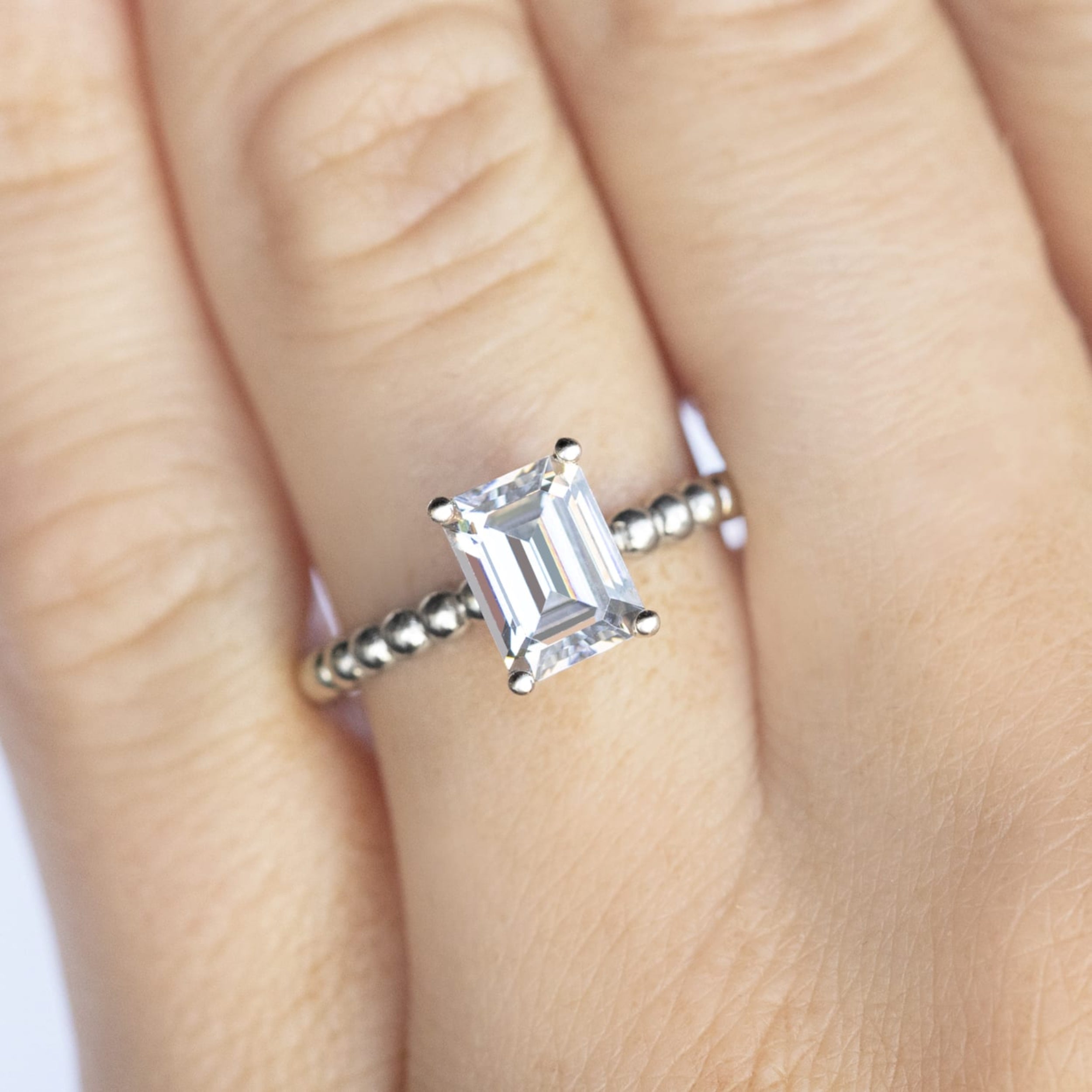 Solitaire Beaded Ring, Emerald Cut 14K Gold Ring