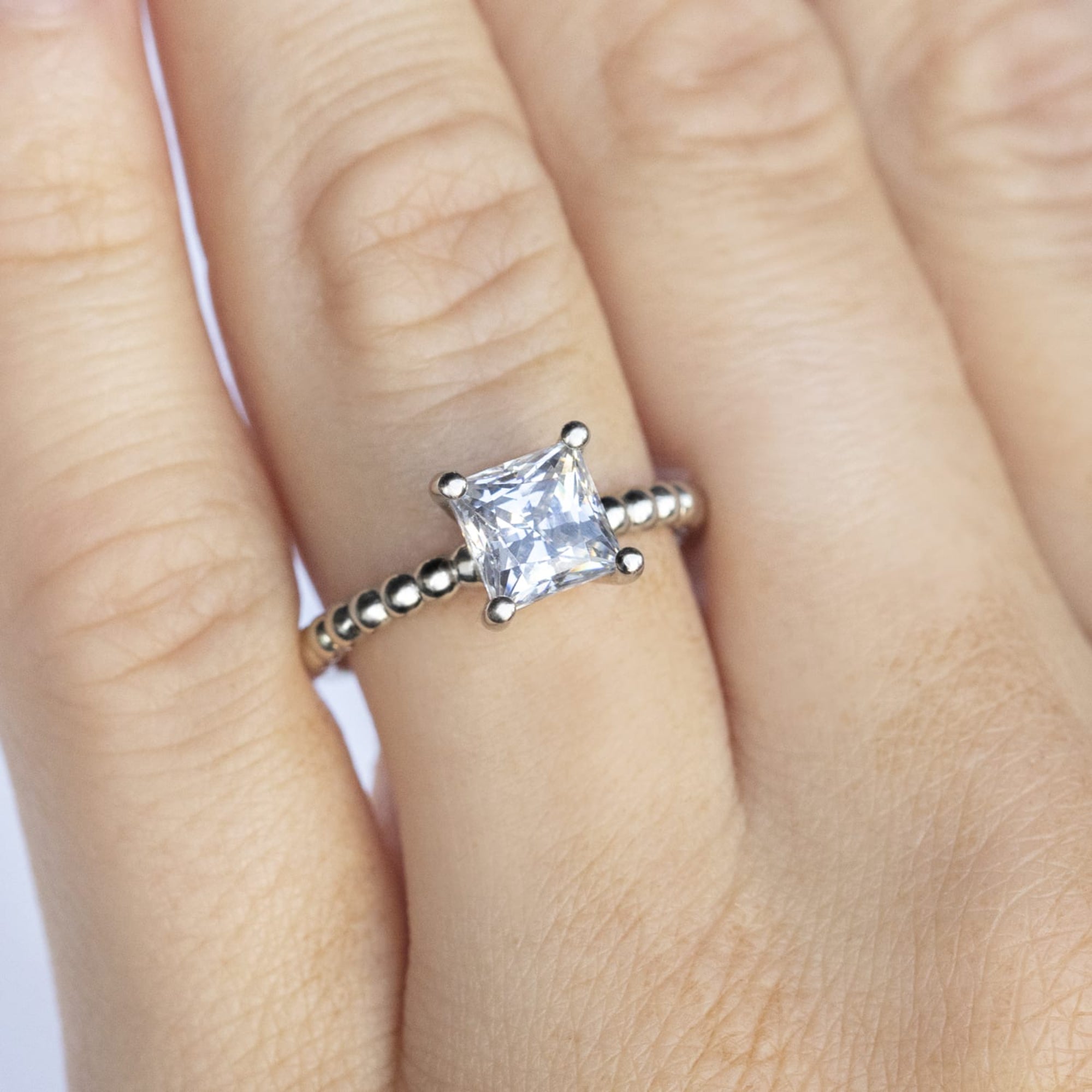 Princess Cut Beaded Solitaire Moissanite Engagement Ring