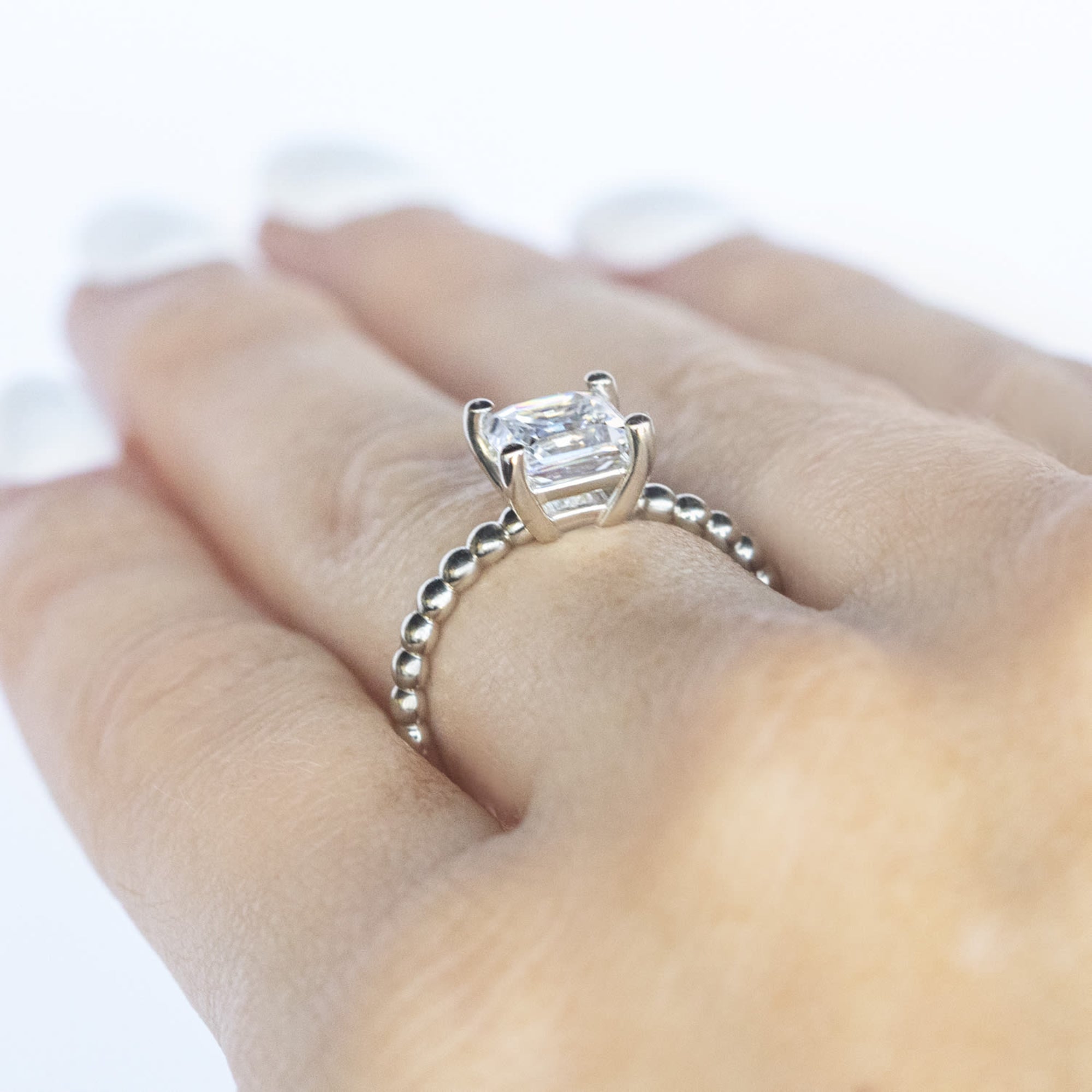 Princess Cut Beaded Solitaire Moissanite Engagement Ring