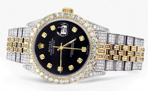 Black Dial Rolex Watch, Iced Out Moissanite Luxury Men's Watch