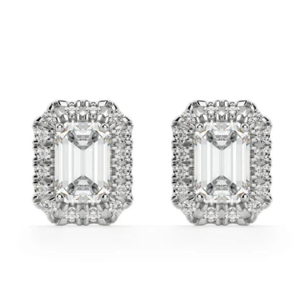 Emerald Cut Push Back Halo Stud Earrings
