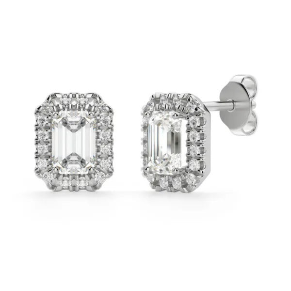 Emerald Cut Push Back Halo Stud Earrings