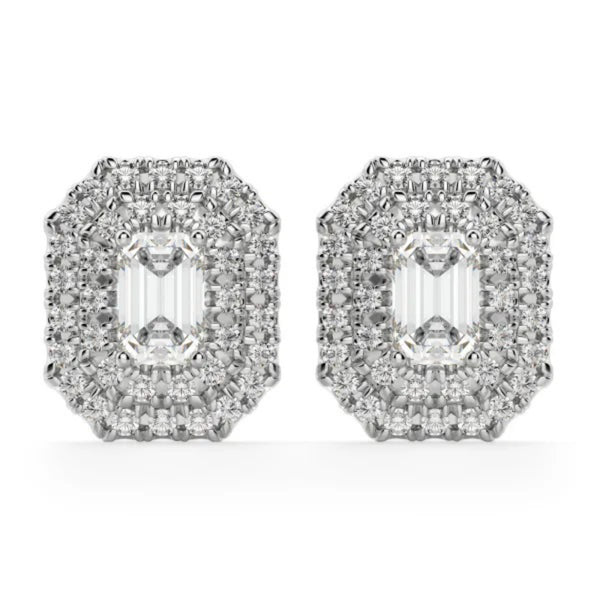 Emerald Cut Double Halo Stud Earrings