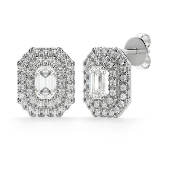 Emerald Cut Double Halo Stud Earrings