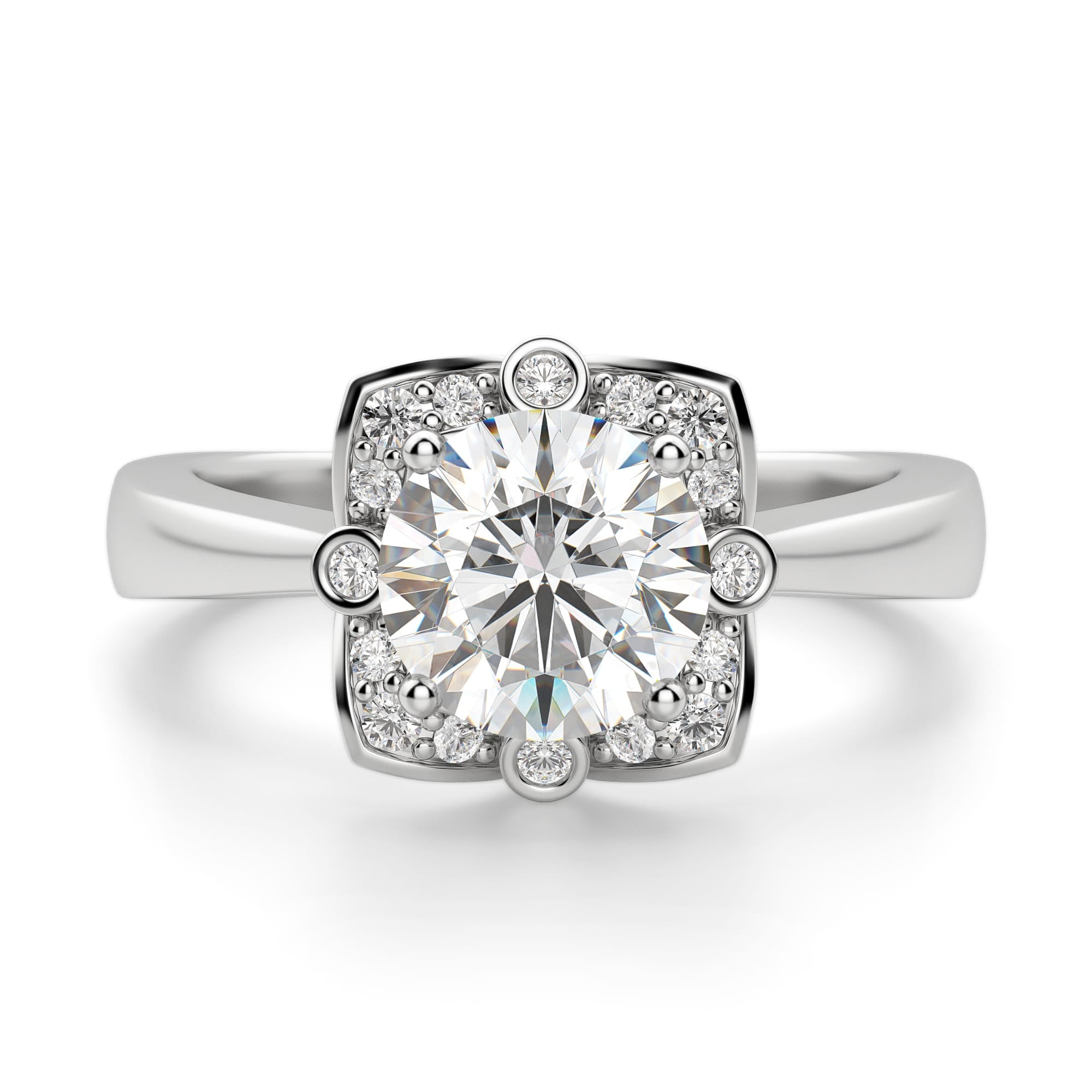 Princess Frame Round Cut Halo Moissanite Engagement Ring