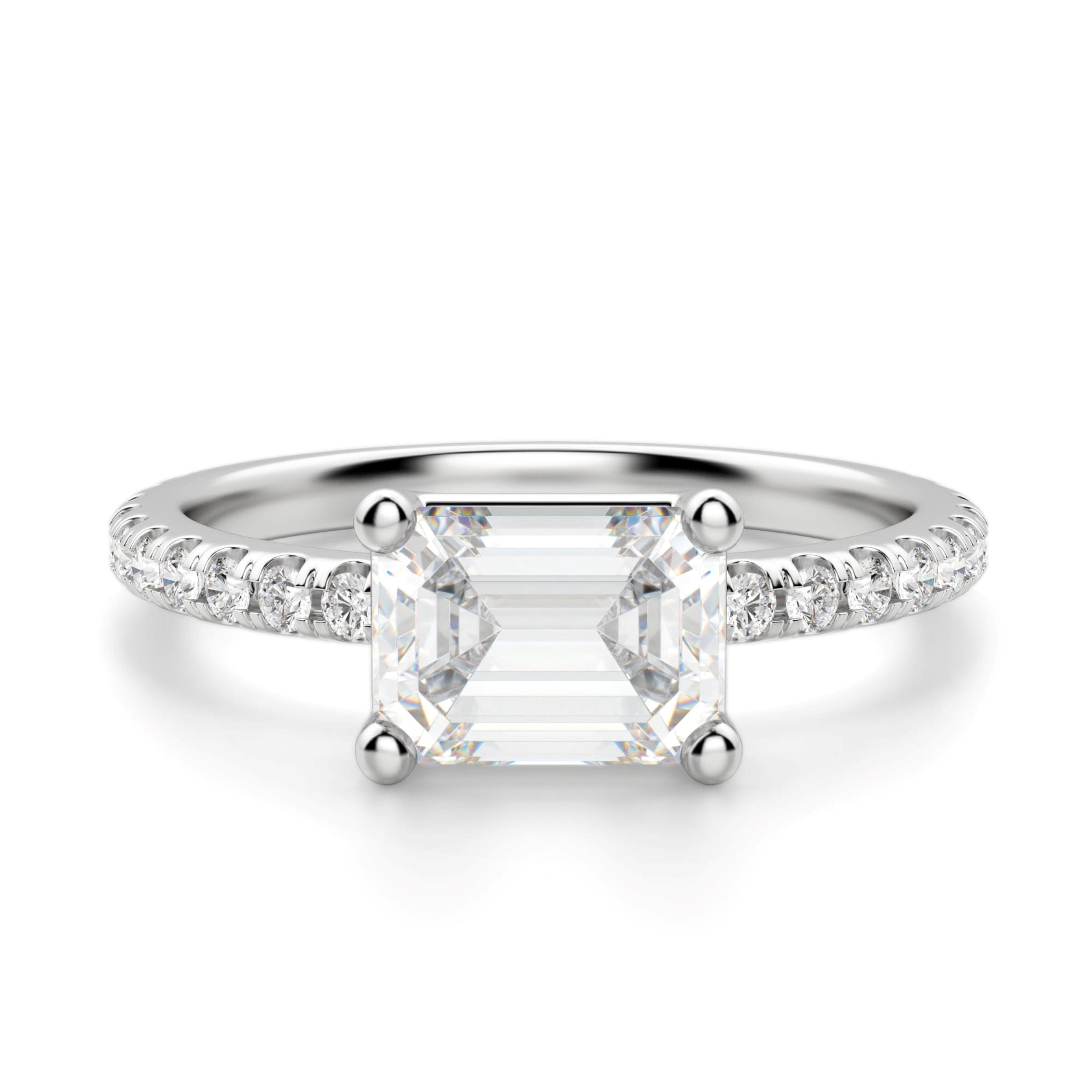 East to West Emerald Cut Pave Set Engagement Ring