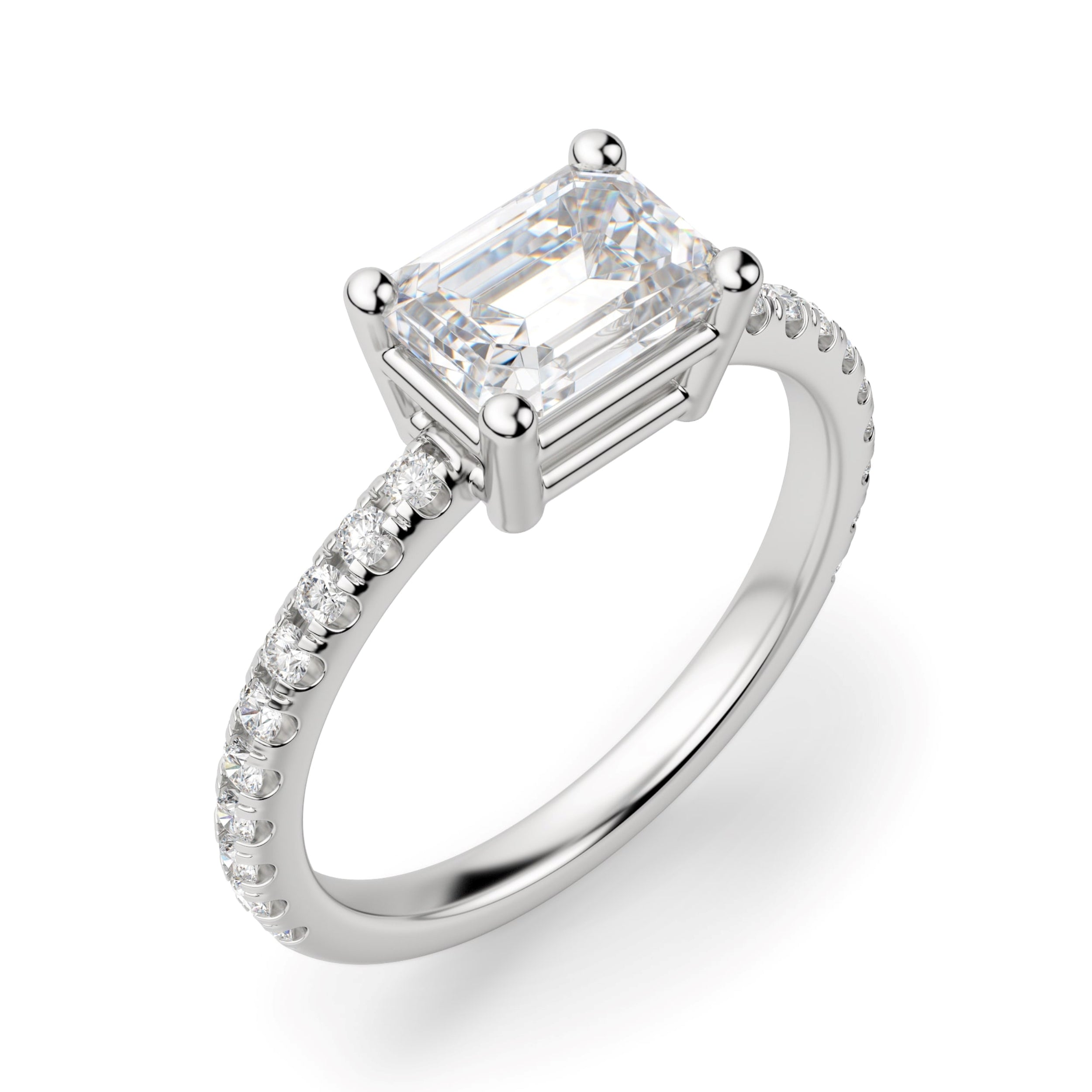 East to West Emerald Cut Pave Set Engagement Ring