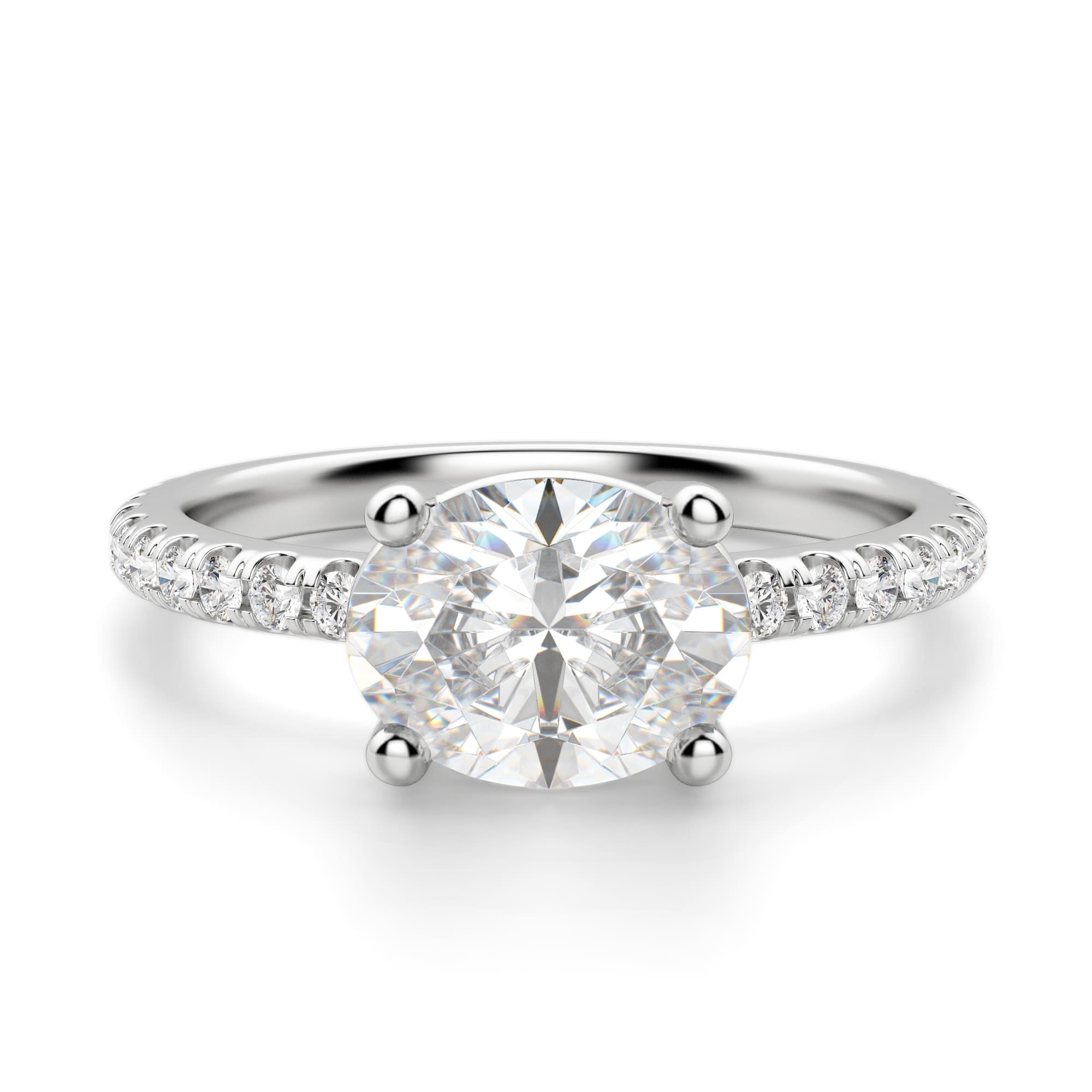 East to West Oval Cut Moissanite Diamond Pave Set Ring