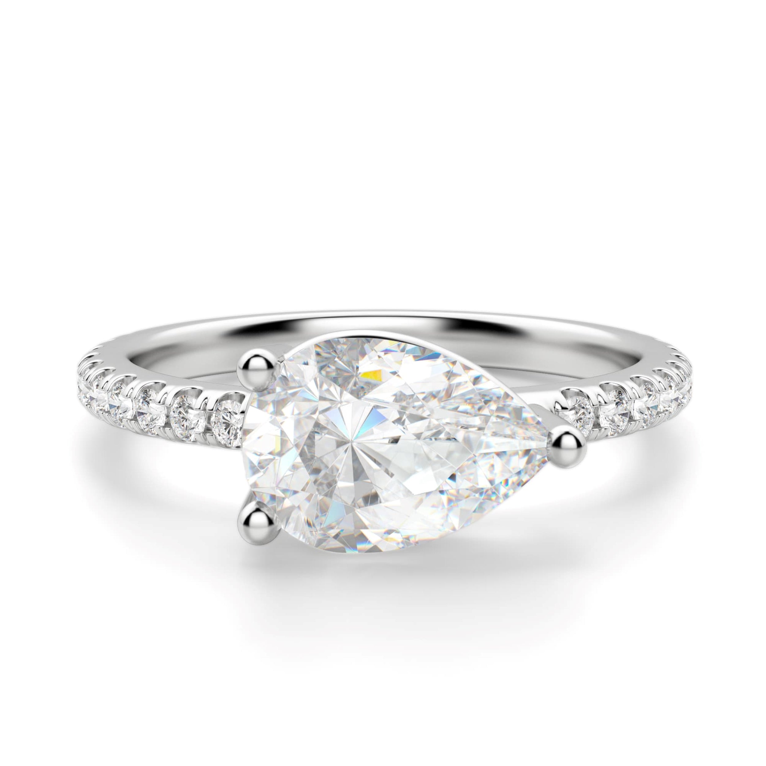 East to West Pear Cut Moissanite Pave Set Ring