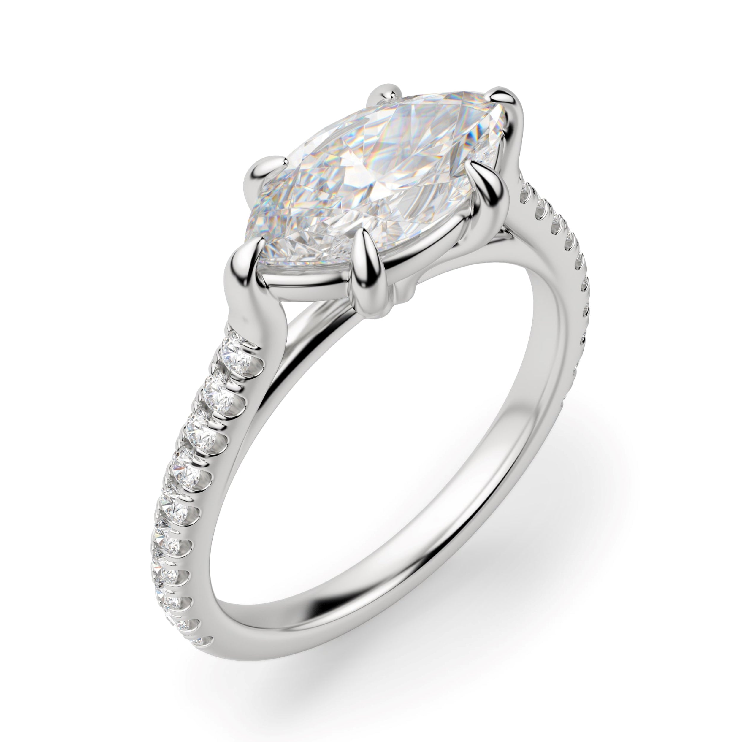 East to West Marquise Cut Moissanite Pave Set Ring