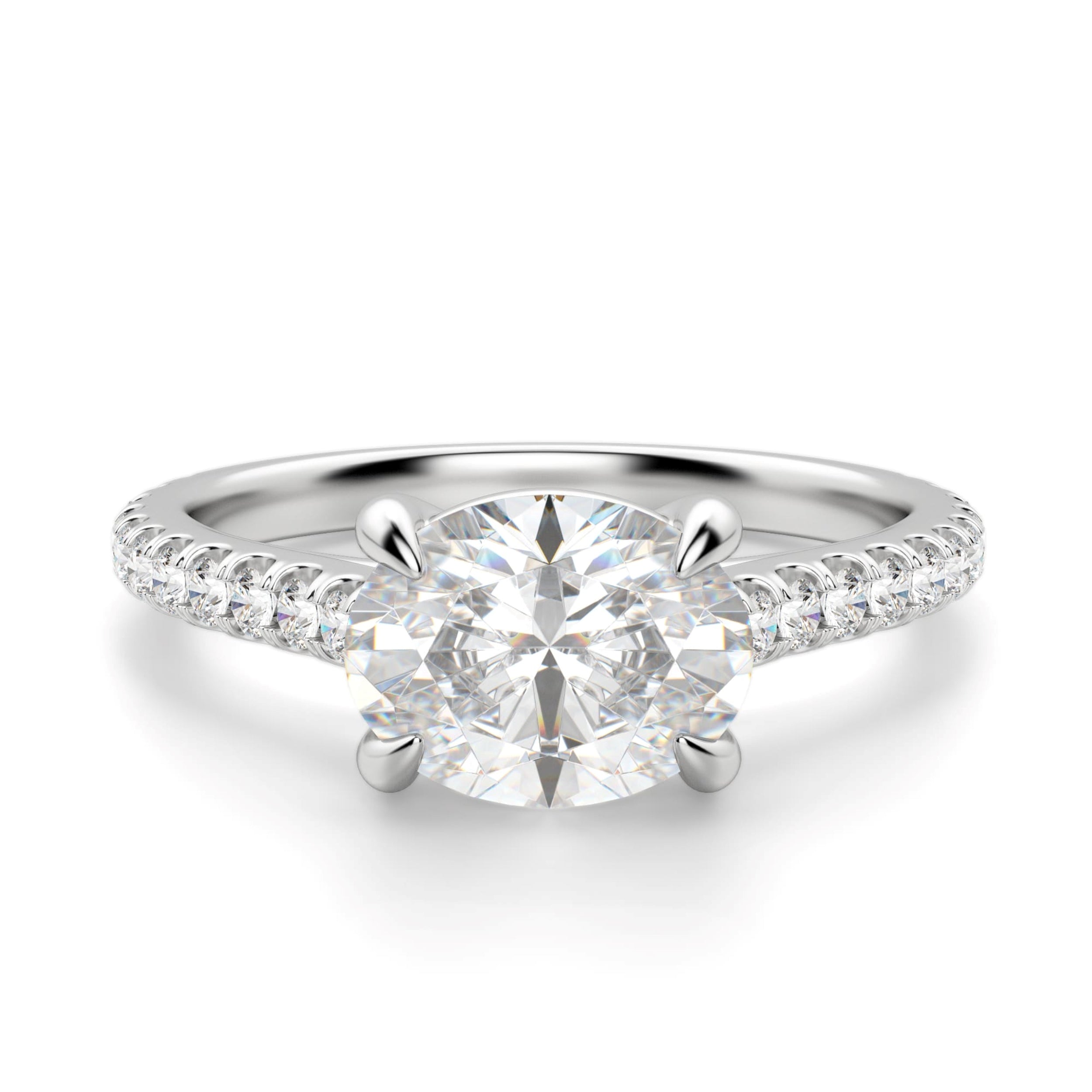 East to West Oval Cut Pave Set Engagement Ring