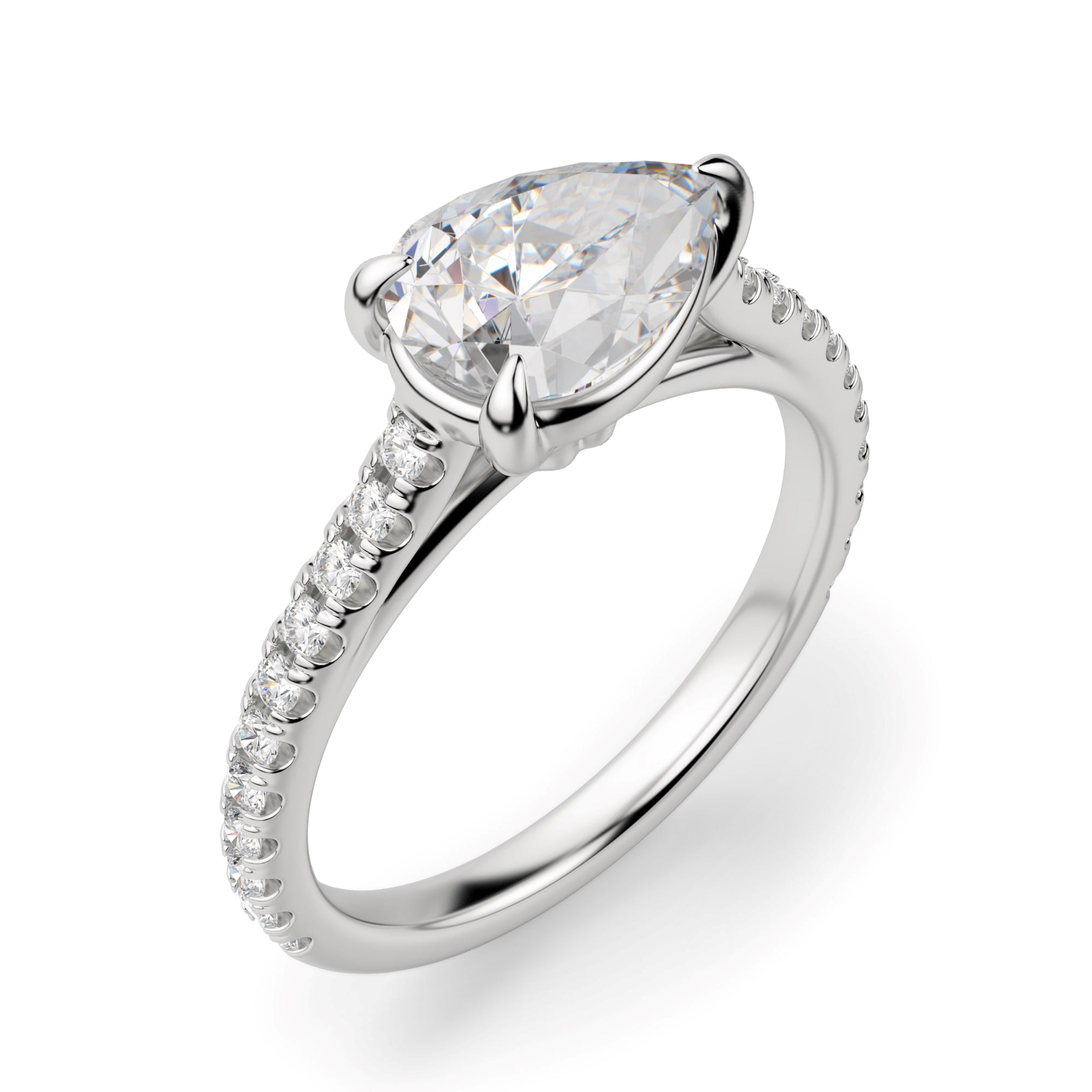 East to West Pear Cut Moissnaite Engagement Rings