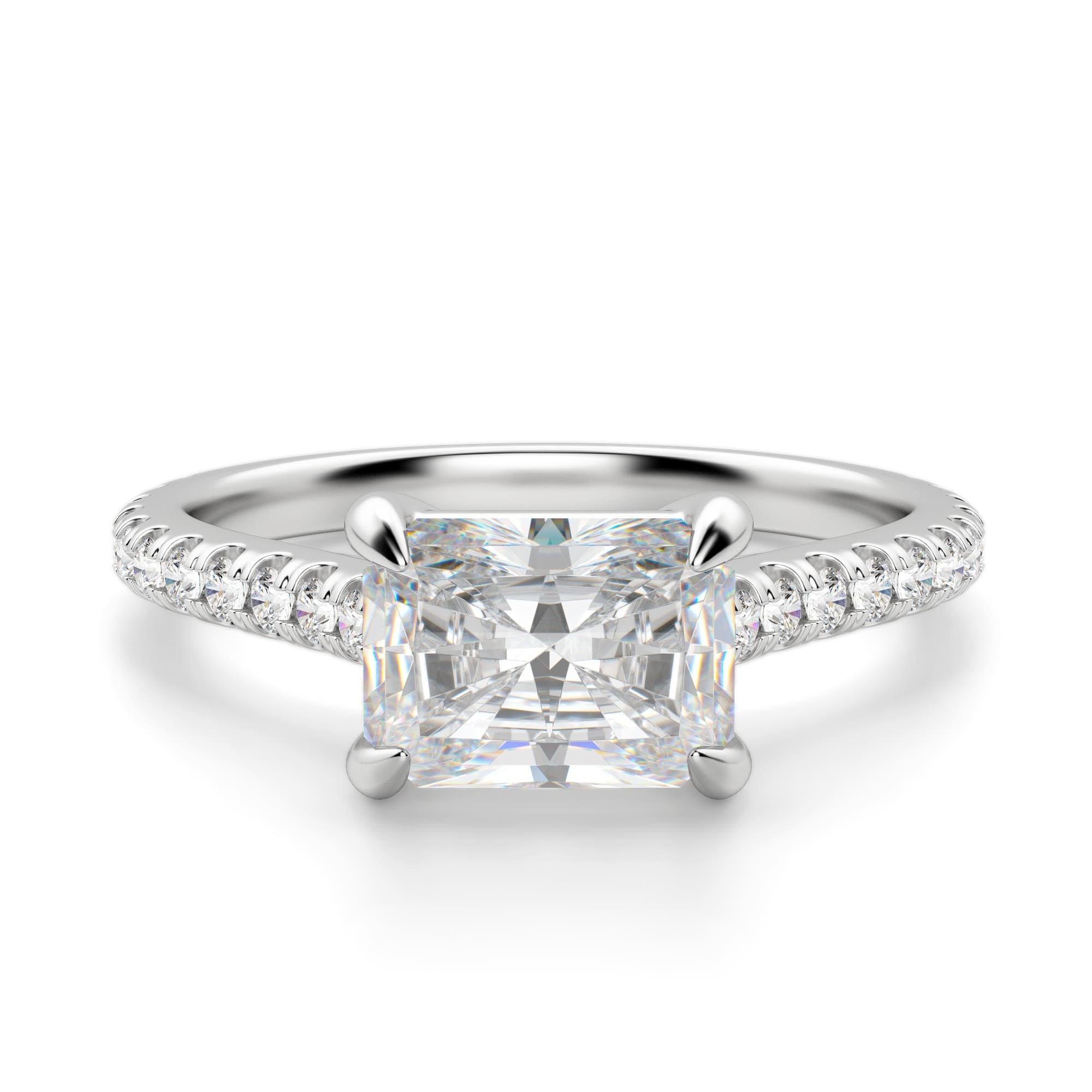 East to West Radiant Cut Pave Set Moissanite Ring