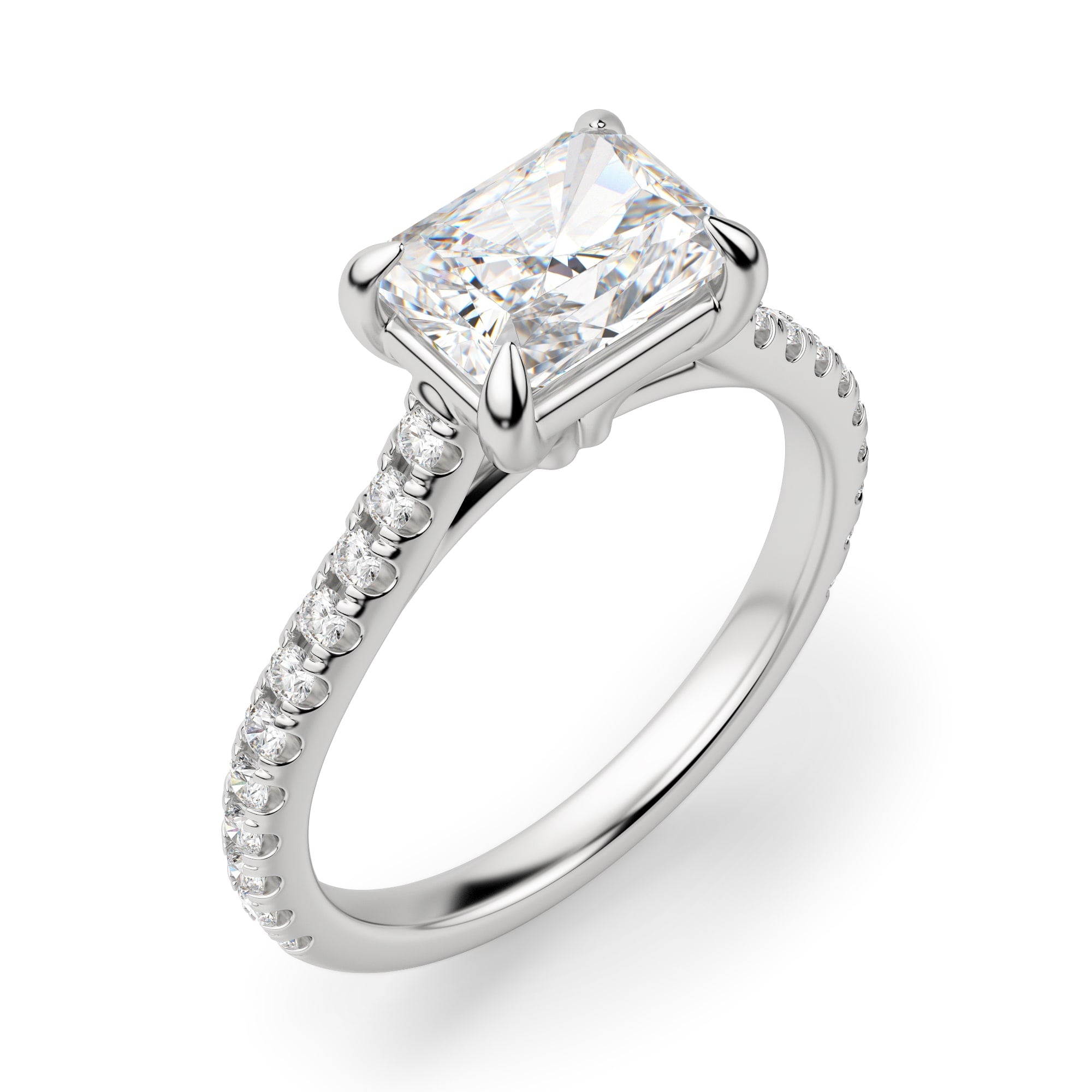 East to West Radiant Cut Pave Set Moissanite Ring