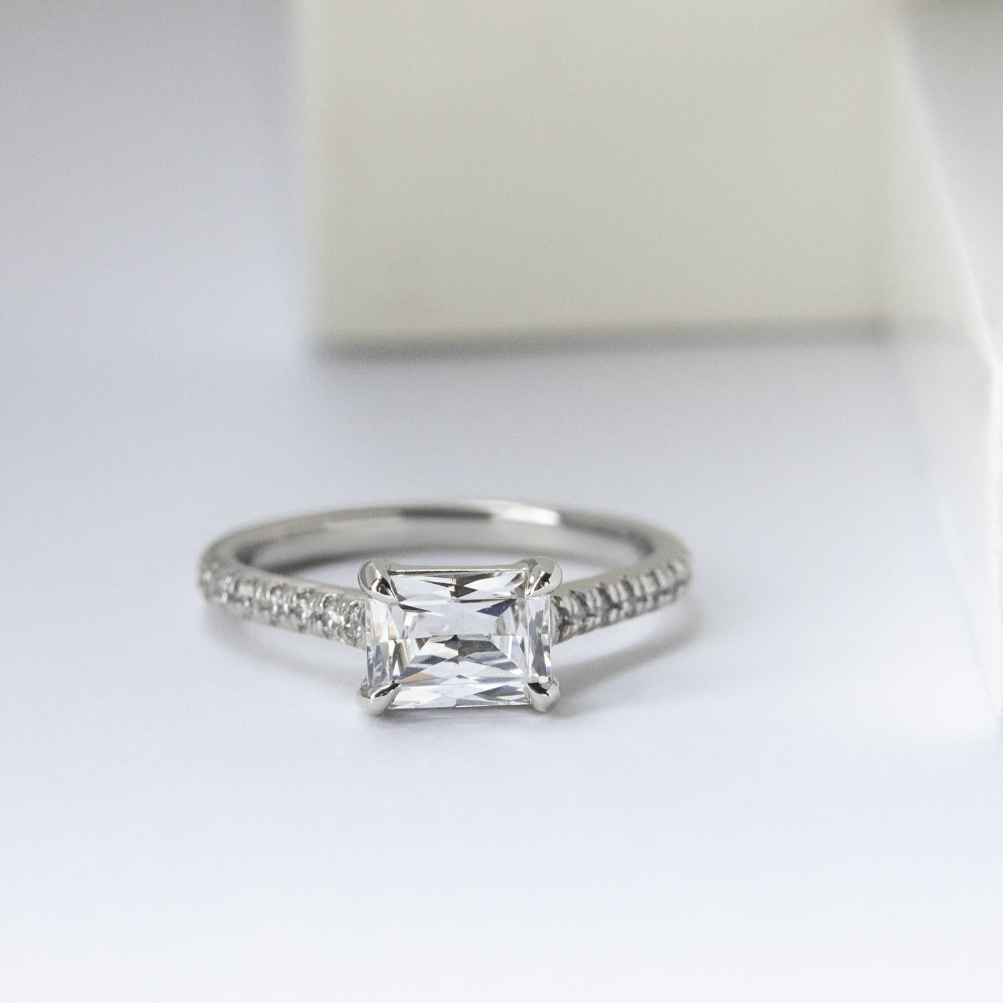 East to West Radiant Cut Pave Set Moissanite Ring