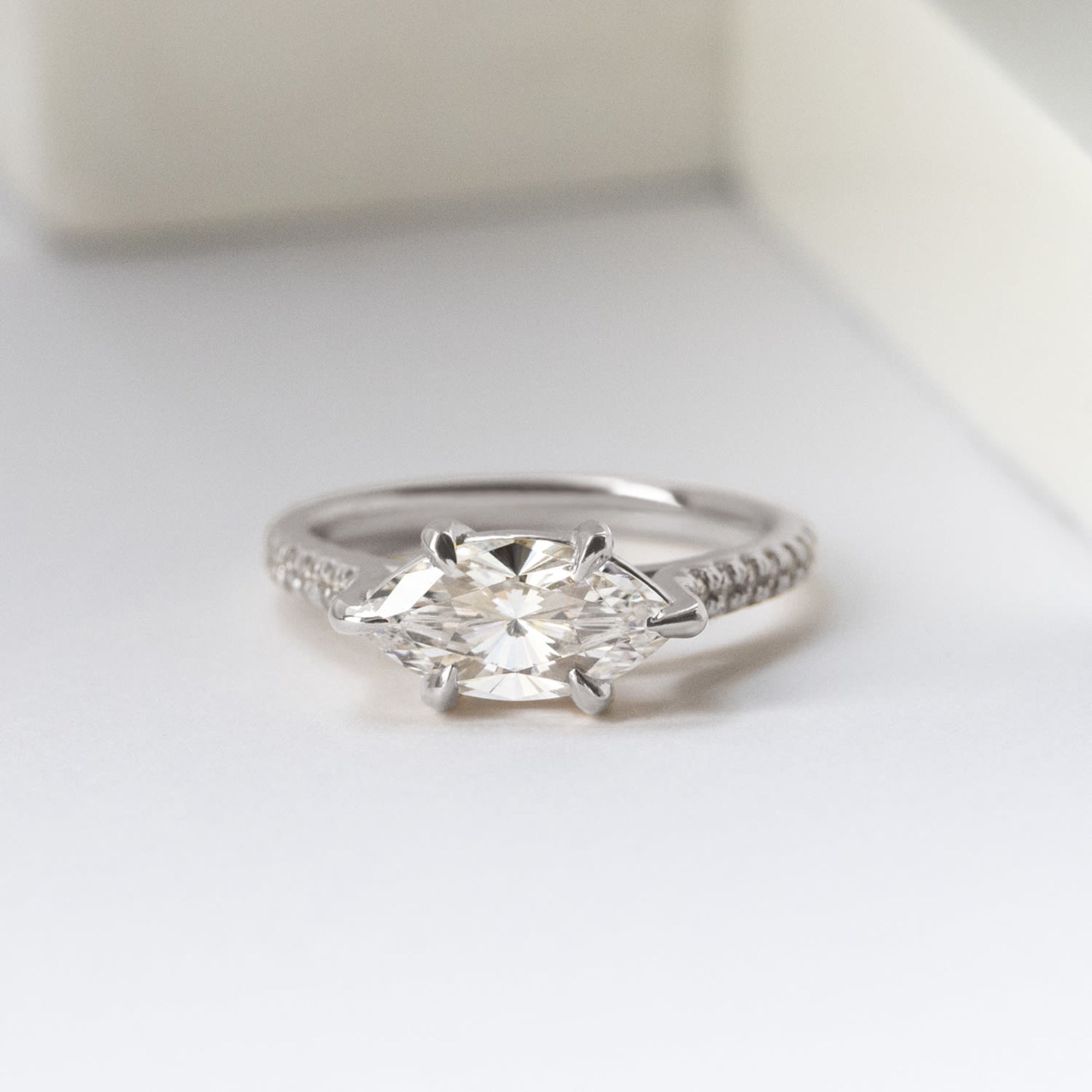 East to West Marquise Cut Pave Set Moissanite Diamond Ring