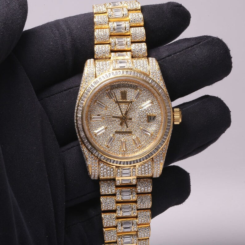 Iced Out Baguette Moissanite Diamond Watches Customized Watch for Men's