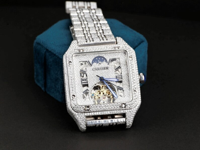 Iced Out Cartier Skeleton Moissanite Diamond Watch Hip Hop Jewelry