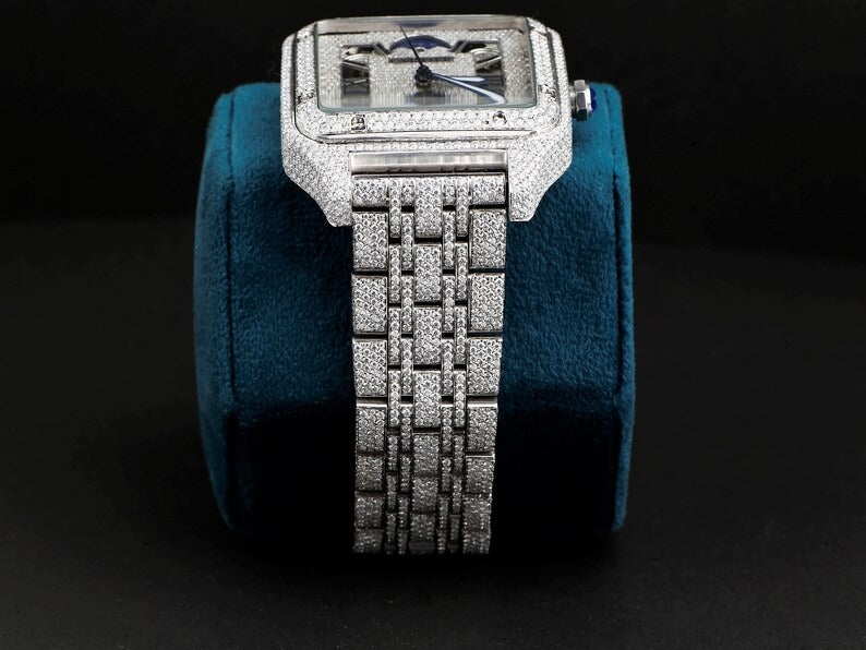 Iced Out Cartier Skeleton Moissanite Diamond Watch Hip Hop Jewelry