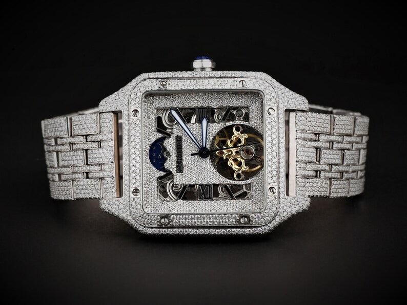 Iced Out Cartier Skeleton Moissanite Diamond Watch Hip Hop Jewelry