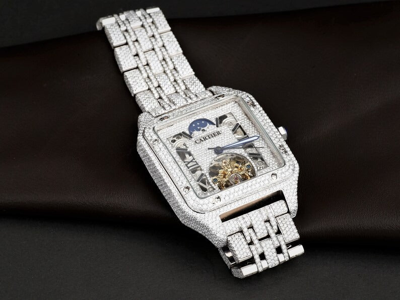 Iced Out Cartier Skeleton Moissanite Diamond Watch Hip Hop Jewelry