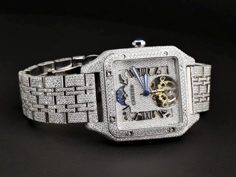 Iced Out Cartier Skeleton Moissanite Diamond Watch Hip Hop Jewelry