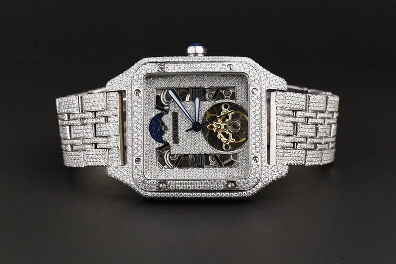 Iced Out Cartier Skeleton Moissanite Diamond Watch Hip Hop Jewelry