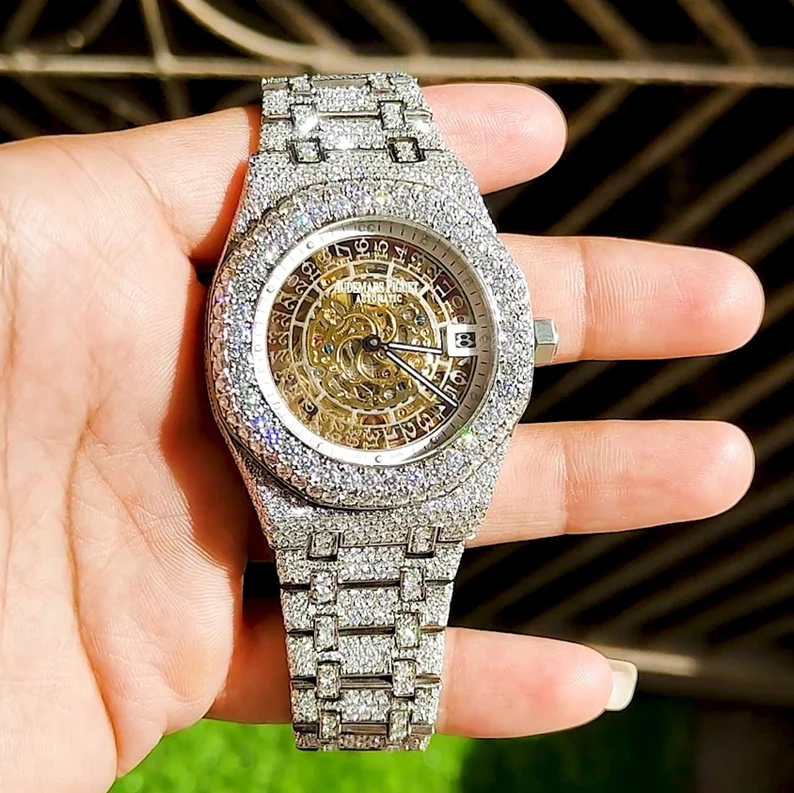 Moissanite Diamond Studded Iced Out Wrist Watch For Men Luxury Diamond Hip Hop Jewelry Watch
