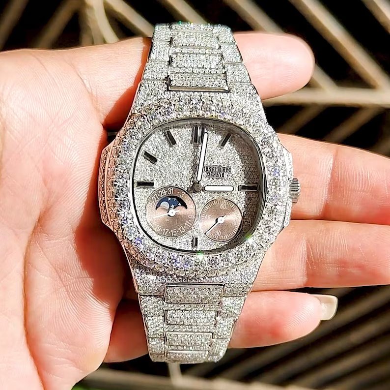Hip Hop Iced Out VVS Moissanite Diamond Chronograph Dial Mens Wrist Watch