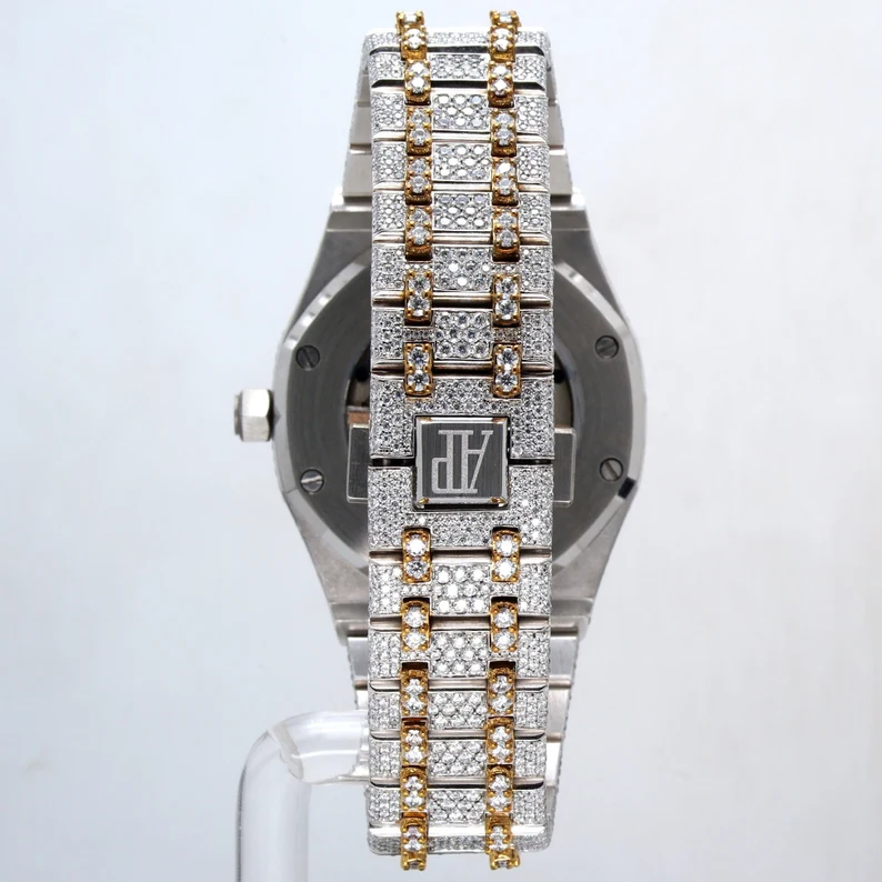 Custom Made Yellow Plated Fancy Round Dial Watch Iced Out Moissanite Diamond Wrist Watch