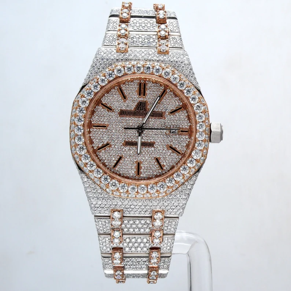 Customized Iced Out Fancy Rose Plated Round Dial Men's Watch Moissanite Diamond Party Wear Watch
