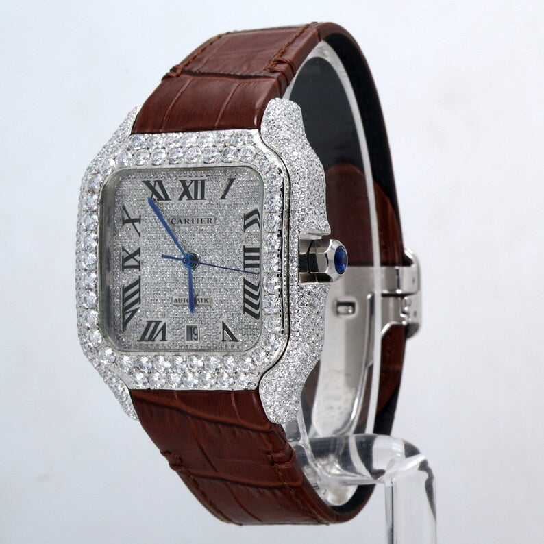 Custom Made Watch Brown Leather Band Fancy Square Dial Moissanite Diamond Cartier Watch