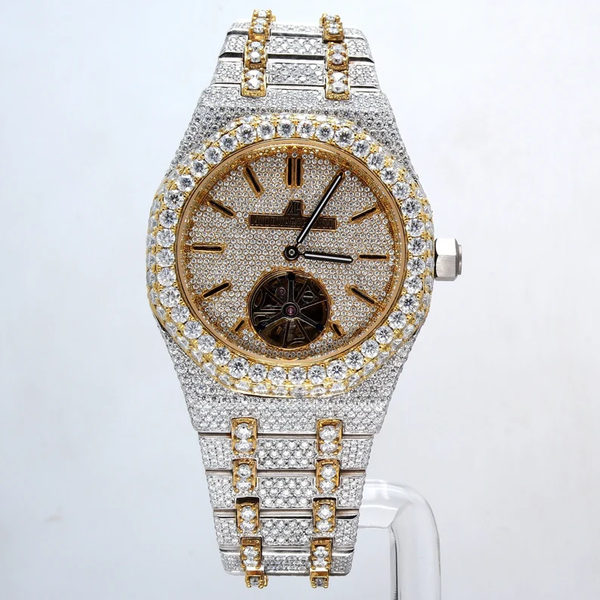 Custom Made Yellow Plated Fancy Round Dial Watch Iced Out Moissanite Diamond Wrist Watch