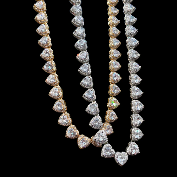 Heart Tennis Chain for Women Glossy Choker Prong Setting Necklace Pink Hip Hop Jewelry