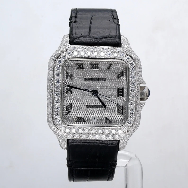 Moissanite Diamond Men's Party Wear Watch Black Color Leather Band Fancy Square Dial Cartier Watch