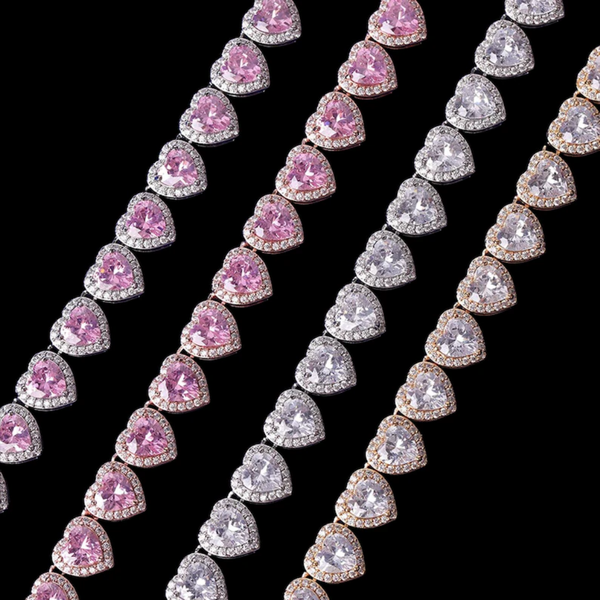 Heart Tennis Chain for Women Glossy Choker Prong Setting Necklace Pink Hip Hop Jewelry